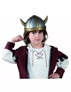 Blauw met gouden viking helm met horens
