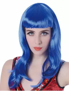 Lange fluo blauwe pruik met pony voor vrouwen