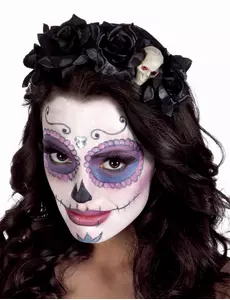 Bandeau de roses noires orné d'une tête de mort pour femme, Jour des Morts
