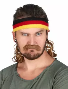 Zwarte rode en gele mullet hoofdband met snor voor volwassenen