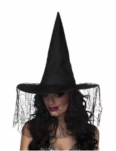 Zwarte heksenhoed met spinnensluier voor dames Halloween