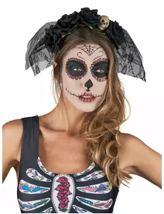 Serre-tête noir voile dentelle Dia De Los Muertos