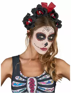 Serre-tête fleurs noir et rouge Dia De Los Muertos adult