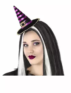 Serre-tête mini chapeau de sorcière rayé noir et violet adulte