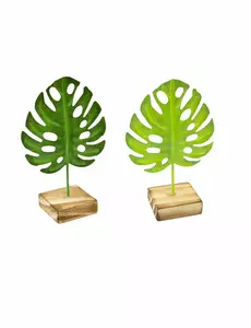 1 groen tropische blaadje van metaal op houten voet