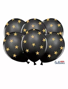 6 Ballons en latex noirs étoiles dorées 30 cm