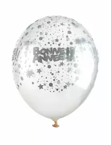6 Ballons en latex transparents Bonne année argent 30 cm