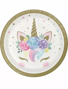 8 Petites assiettes en carton licorne féerique blanches 18 cm