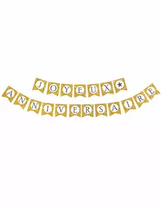 Goudkleurige glitter Joyeux Anniversaire slinger