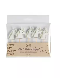 5 Bougies sur pic licorne paillettes champagne 4,5 x 3 cm