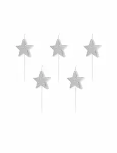 5 Bougies d'anniversaire sur pic étoiles argentées pailletées 3,5 cm