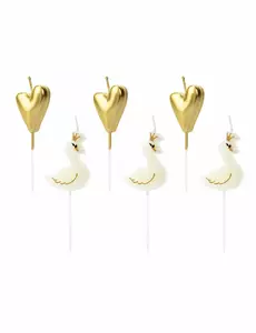 6 Kaarsen op witte en gouden zwanen en harten 3,5 - 4 cm