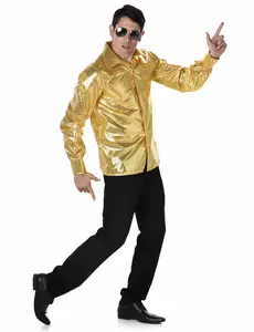 Chemise disco à sequins dorés homme, Taille: Medium