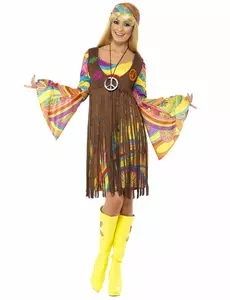 Bruine en psychedelische hippie outfit voor dames, Maat: Small