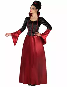 Rood en zwart Halloween kostuum van vampier voor dames, Maat: X-Small/Small