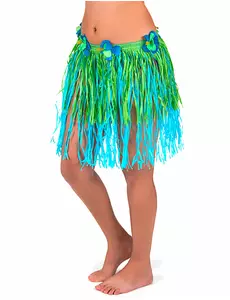 Jupe hawaïenne courte verte et bleue avec fleurs adulte