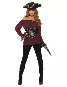 Luxe bordeaux rode piraten blouse voor vrouwen, Maat: Large
