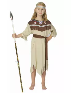 Beige Indianen kostuum voor meisjes, Maat: 4–6 jaar (110–120 cm)
