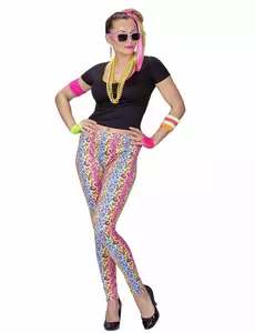 Veelkleurig verkleedkostuum voor dames met panterprint uit de jaren 80, Maat: Small