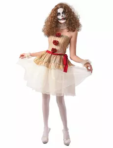 Angstaanjagende clown vermomming beige vrouw, Maat: Large