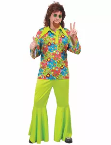 Déguisement hippie vert avec symboles colorés homme, Taille: Medium (48–50)