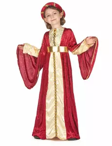 Rood met geel middeleeuwse kostuum voor meisjes, Maat: 4–6 jaar (110–120 cm)