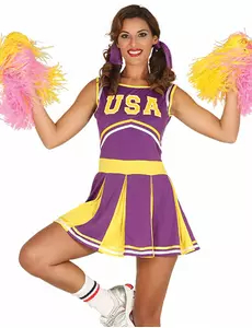 Déguisement pompom girl USA violet et jaune femme, Taille: X-Small/Small (36–38)