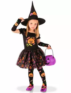Pompoen heks outfit met opdrukken voor meisjes, Maat: 3–4 jaar (90 tot 104 cm)