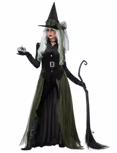 Lange groene en zwarte gothic heks outfit voor volwassenen, Maat: Large (42/44)