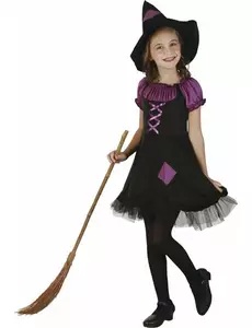 Déguisement sorcière violette avec chapeau fille, Taille: 4–6 ans (110–120 cm)