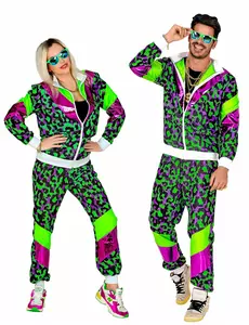 Trainingspak kostuum met luipaardprint fluo volwassenen, Maat: Small