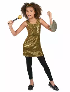 Goudkleurig glitter disco kostuum voor meisjes, Maat: 5–6 jaar (S)