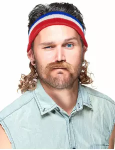 Blauw wit rode mullet bandana met snor