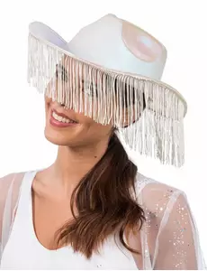 Volwassen witte iriserende cowboyhoed met franje