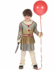 Angstaanjagende clown vermomming grijs jongen, Maat: 10–12 jaar (130–140 cm)