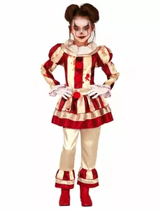 Angstaanjagend rood en wit clown kostuum voor meisjes, Maat: 5–6 jaar (110–115 cm)