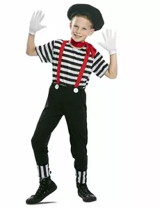 Mime kostuum met baret voor jongens, Maat: 3–4 jaar (92–104 cm)