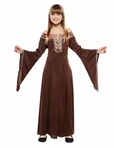 Middeleeuws bruin dameskostuum voor kinderen, Maat: 7–9 jaar (122–138 cm)