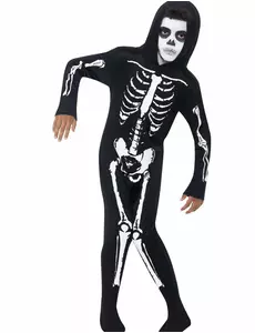 Déguisement squelette combi noir enfant, Taille: 10–12 ans(145/158 cm)