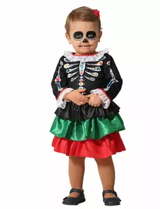 Dia de los muertos baby meisje skelet vermomming, Maat: 6–12 maanden (75 cm)