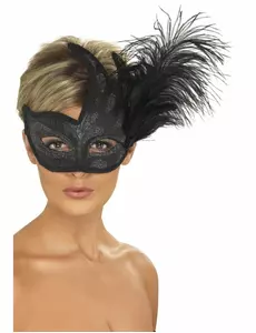 Zwart masker met zilverkleurige glitters en veren voor volwassenen