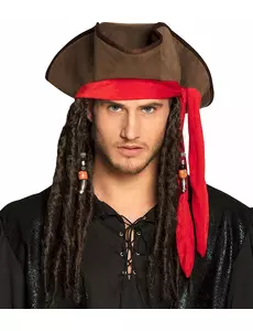 Bruine piratenhoed met pruik voor volwassenen