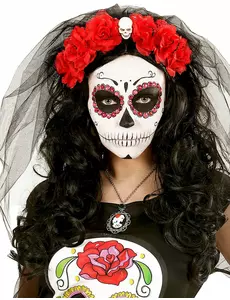 Coiffe fleurs rouges avec tête de mort femme Dia de los muertos