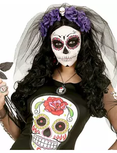 Coiffe fleurs violettes avec tête de mort femme Dia de los muertos
