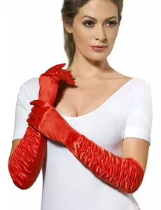 Gants mi-longs satinés rouges avec plis femme
