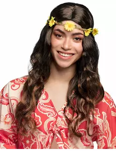 Lange bruine pruik met bloemen hoofdband voor vrouwen