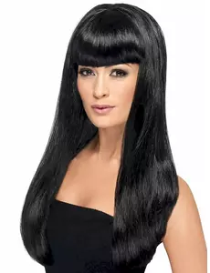 Perruque longue noire à frange femme