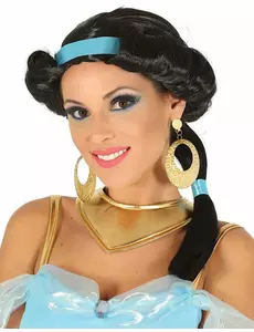 Perruque noire princesse du désert avec bandeau bleu femme