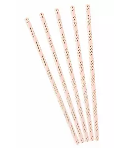10 Pailles en carton roses rayées doré métallisé 19,5 cm