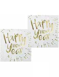 20 Serviettes en papier Happy New Year blanches et dorées 33 x 33 cm